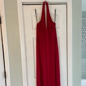Red halter floor length formal dress